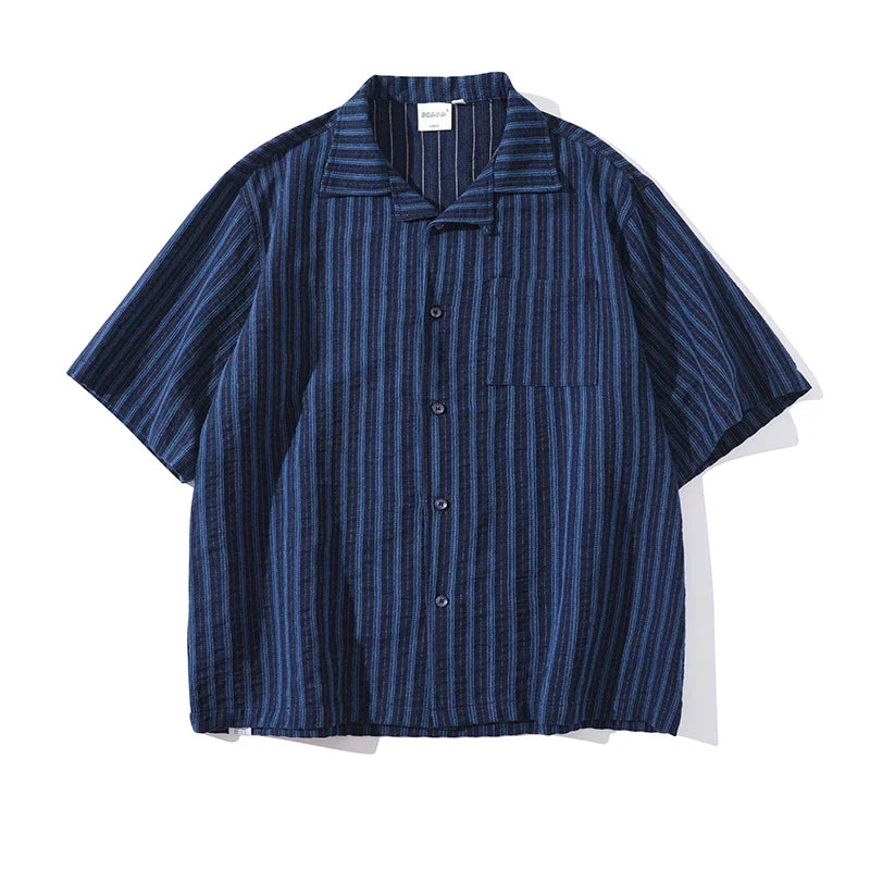 Camisa vintage de rayas con cuello cubano holgado