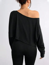 Casual Black Sexy Oblique Shoulder Long T-Shirt