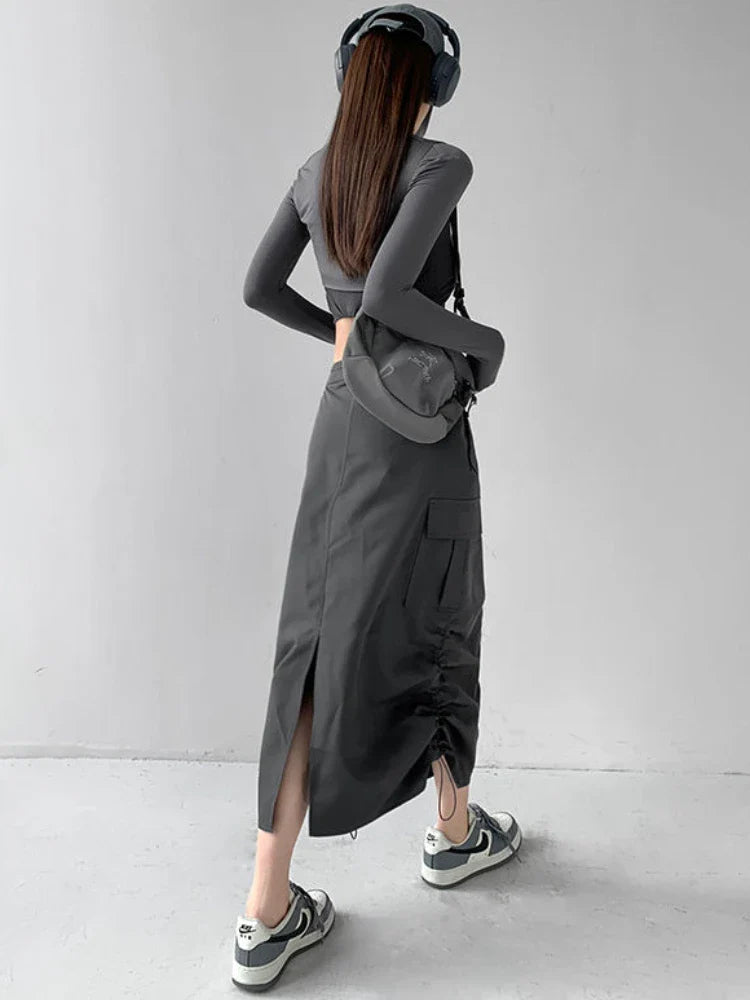 Y2K Drawstring Parachute Midi Skirt