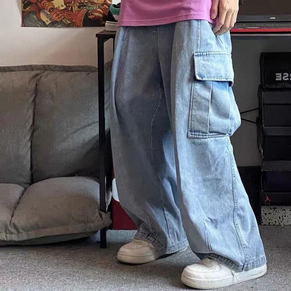 Washed Wide Leg Cargo Jeans