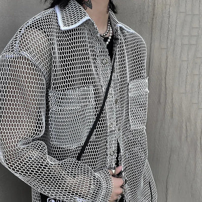 Vintage Oversized Mesh Freizeit-Hemd