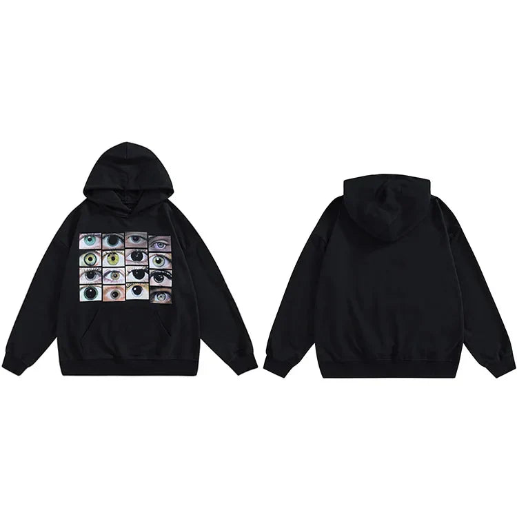 Vintage Eyes Print Black Washed Hoodie