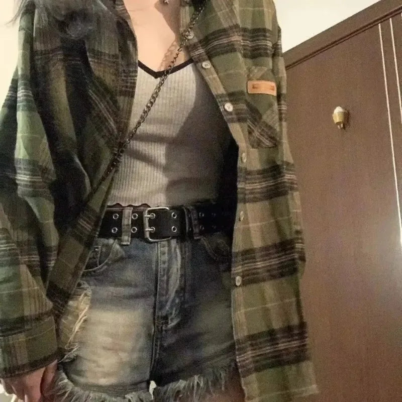 Women Retro Turn-down Collar Plaid Shirt