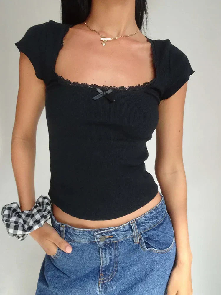 Casual Lace Trim Knitted Square T-Shirt