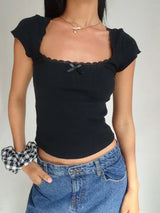 Casual Lace Trim Knitted Square T-Shirt