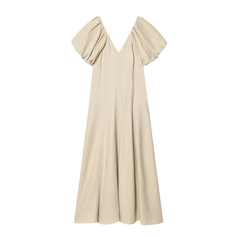 Solid V Neck Puff Sleeve Midi Dress