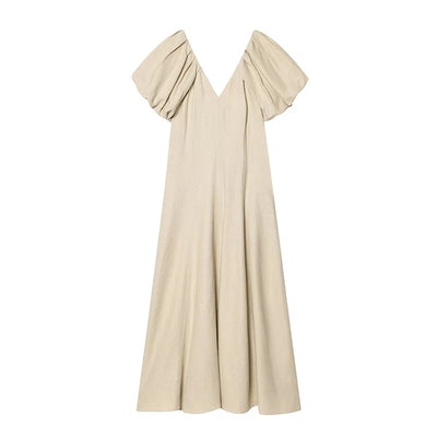Solid V Neck Puff Sleeve Midi Dress