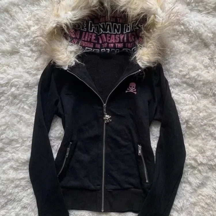 Gothic Punk Skull Fur Hoodie