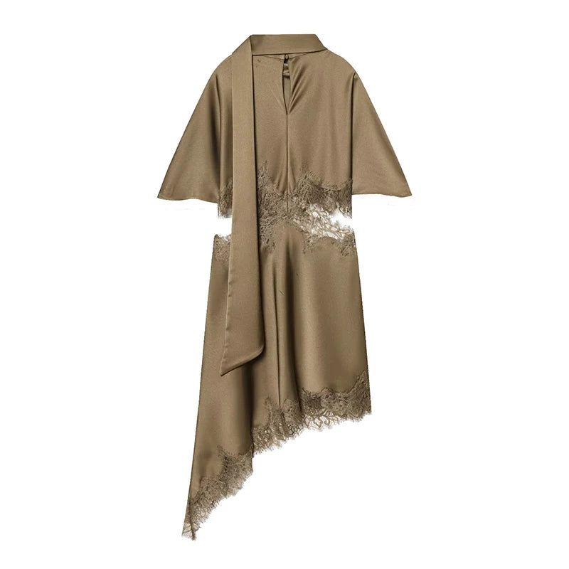 Women Satin Lace Trim Midi Dress With Scarf