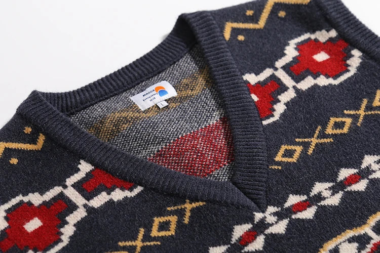 Suéter sin mangas vintage de punto jacquard con cuello en V