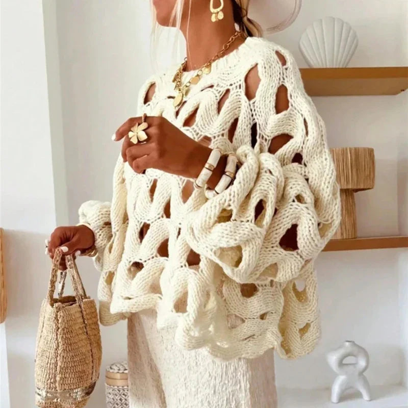 Casual Long Sleeved Hollowed Out Knitted Sweater