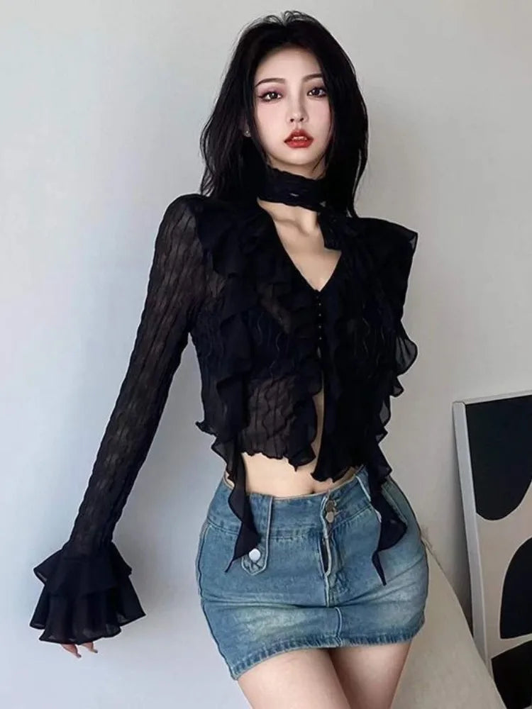 Grunge Black Women's Ruffled Blouse