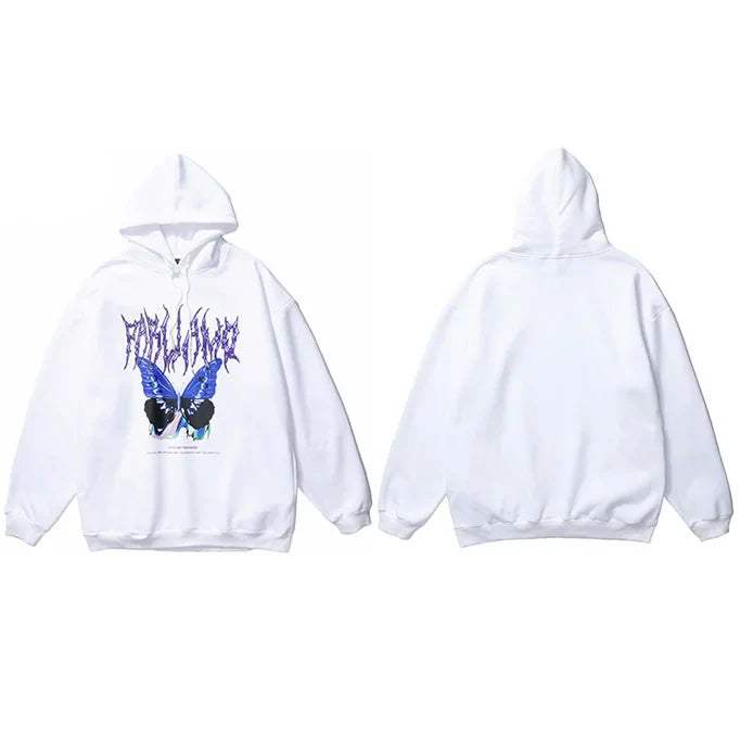 Sudadera con Capucha Oversize con Mariposa Negra Lavada