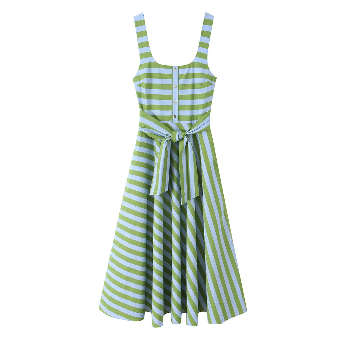 Casual Green Sleeveless Striped With Belted Midi Dress