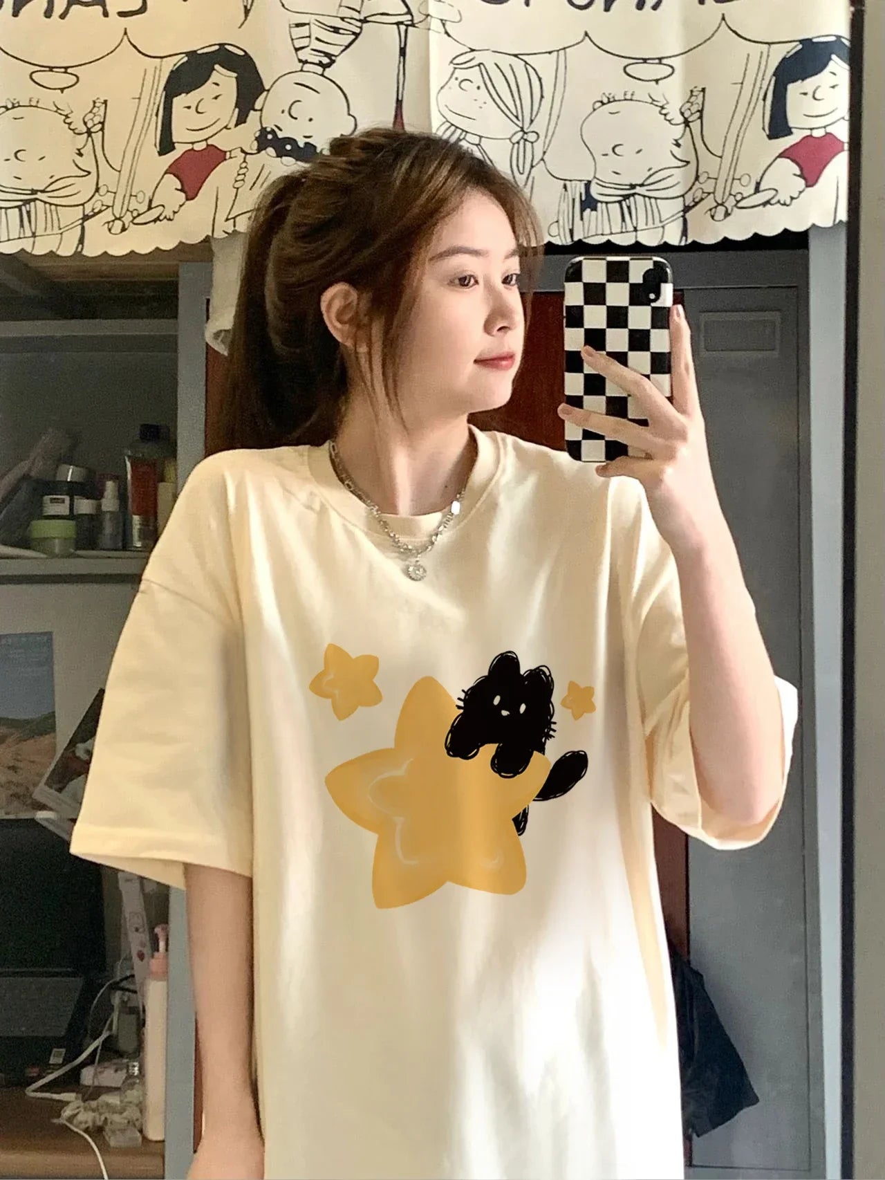 Gelbes Sternkatzen-Oversized-T-Shirt