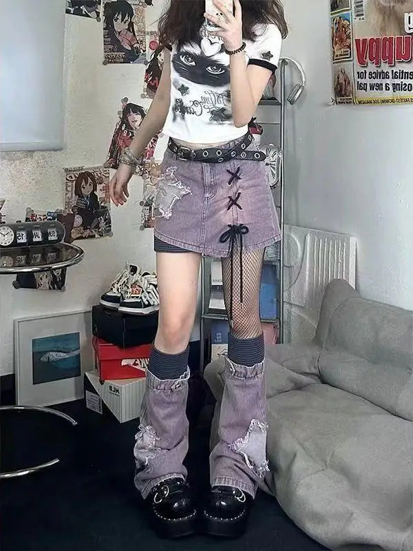 Person wearing a unique outfit with a skirt and platform shoes in a room setting.