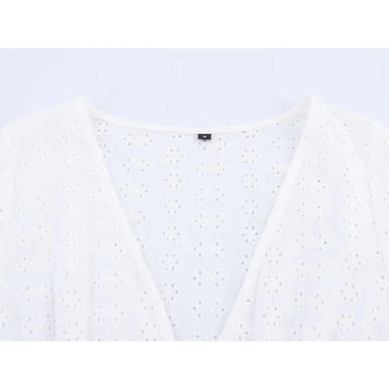 Openwork Embroidery Casual White Blouse