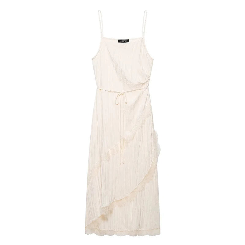 Beige Romantic Crinkled Wrap Slip Dress