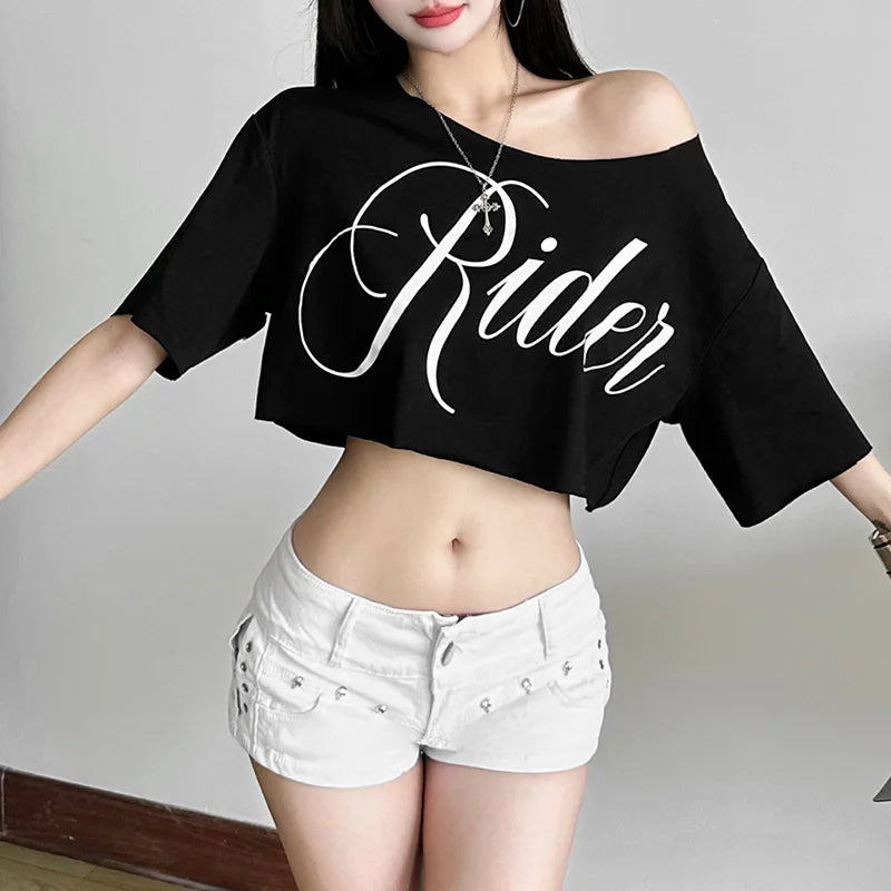 Top corto extragrande asimétrico Ride Print