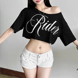Top corto extragrande asimétrico Ride Print