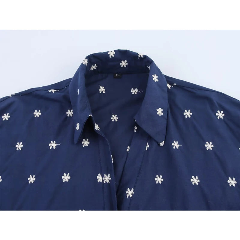 Vintage Sleeve Embroidery Blue Casual Women Shirt