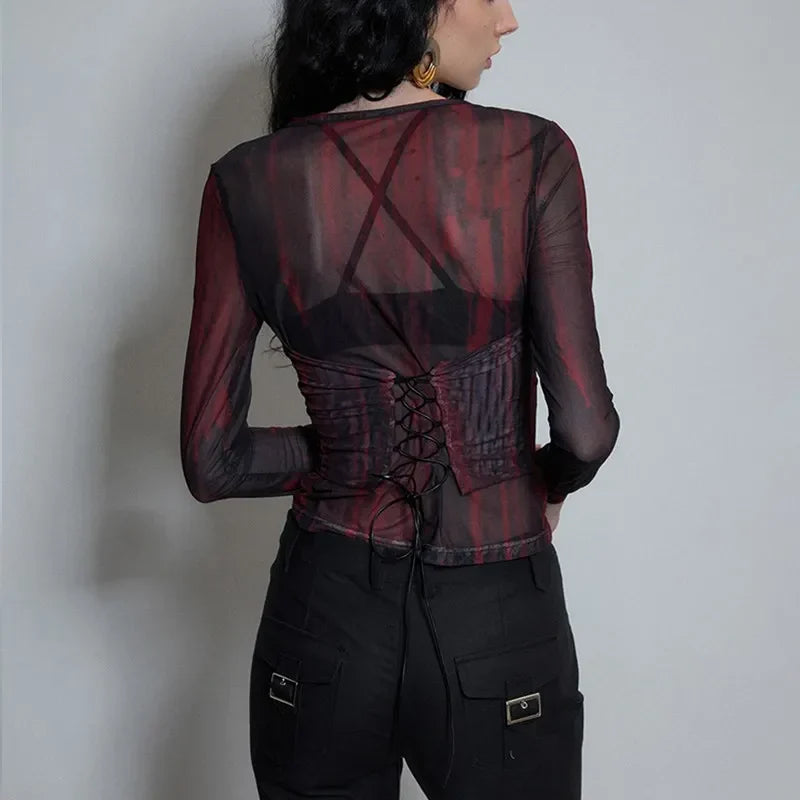 Grunge Aesthetics Tattoo Print Mesh Top