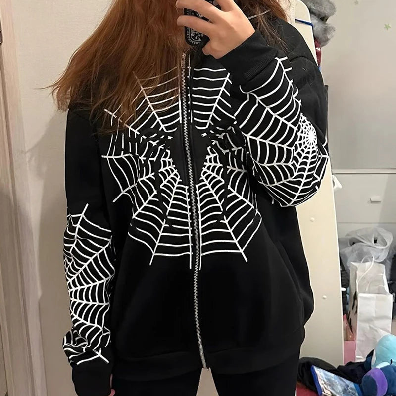 Y2K Spider Web Zip Up Hoodie