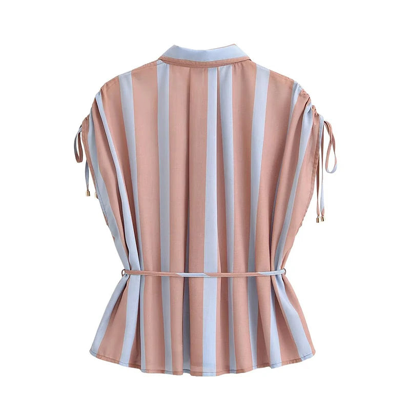 Sleeveless Lapel Collar Striped Shirt