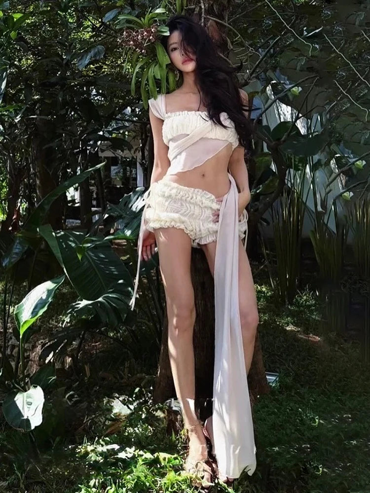 Coquette Beach Asymmetric Top & Shorts Set