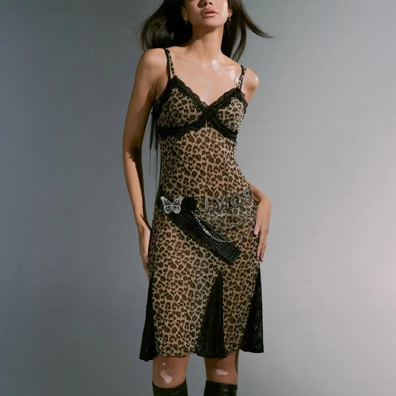 Leopard Print Grunge Spaghetti Strap Midi Dress