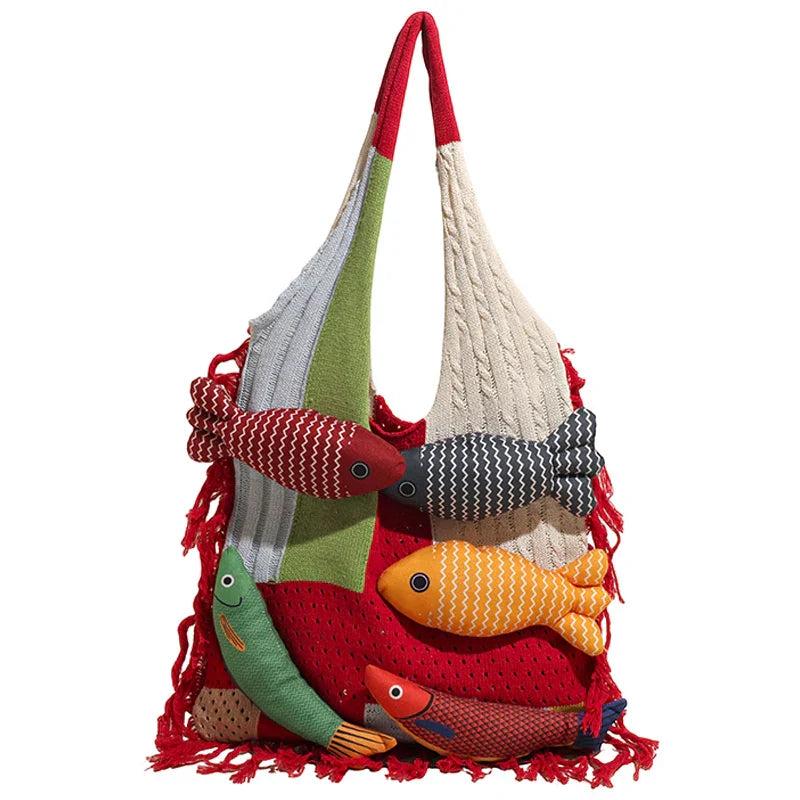 Bolso de playa de punto Boho hecho a mano con muñeca de pez bonito