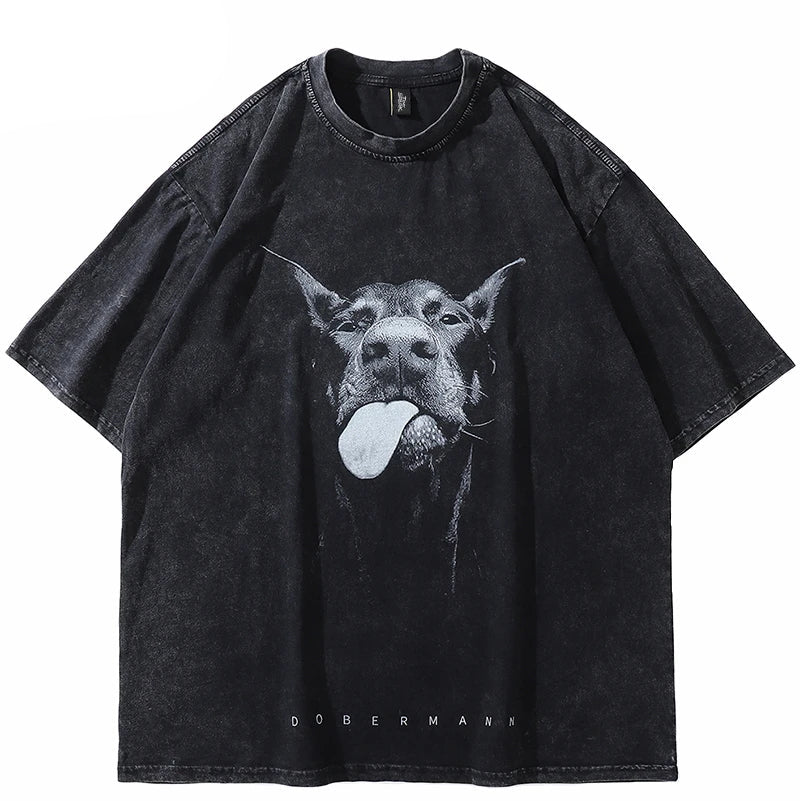Doberman Dog Washed Black T-shirt