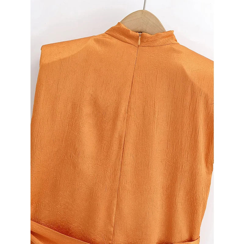 High Neck Sleeveless Satin Orange Blouse