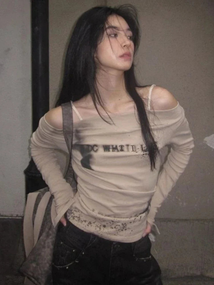 Y2K Slash Neck Grunge Long Sleeve Top