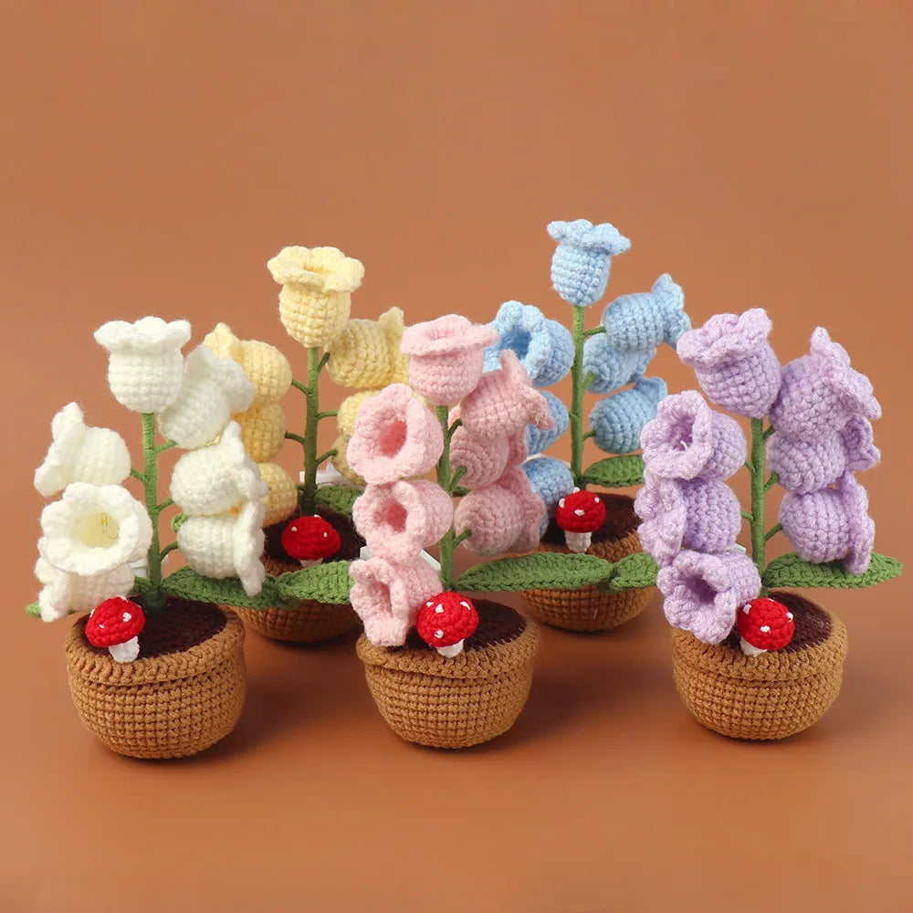 Vintage Handmade Potted Knitted Flowers