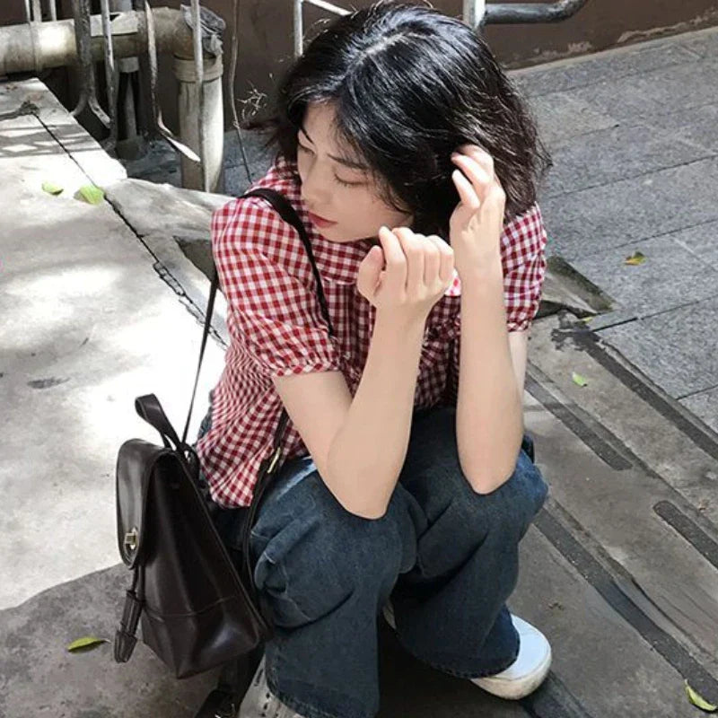 Vintage Red Plaid Girlish Shirt