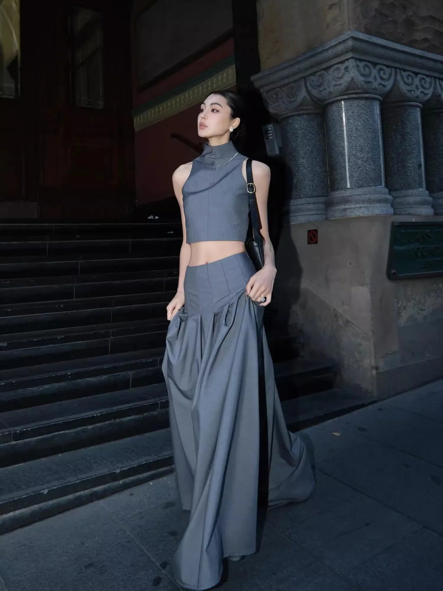 Grey Flowy Floor Length Pleated Skirt