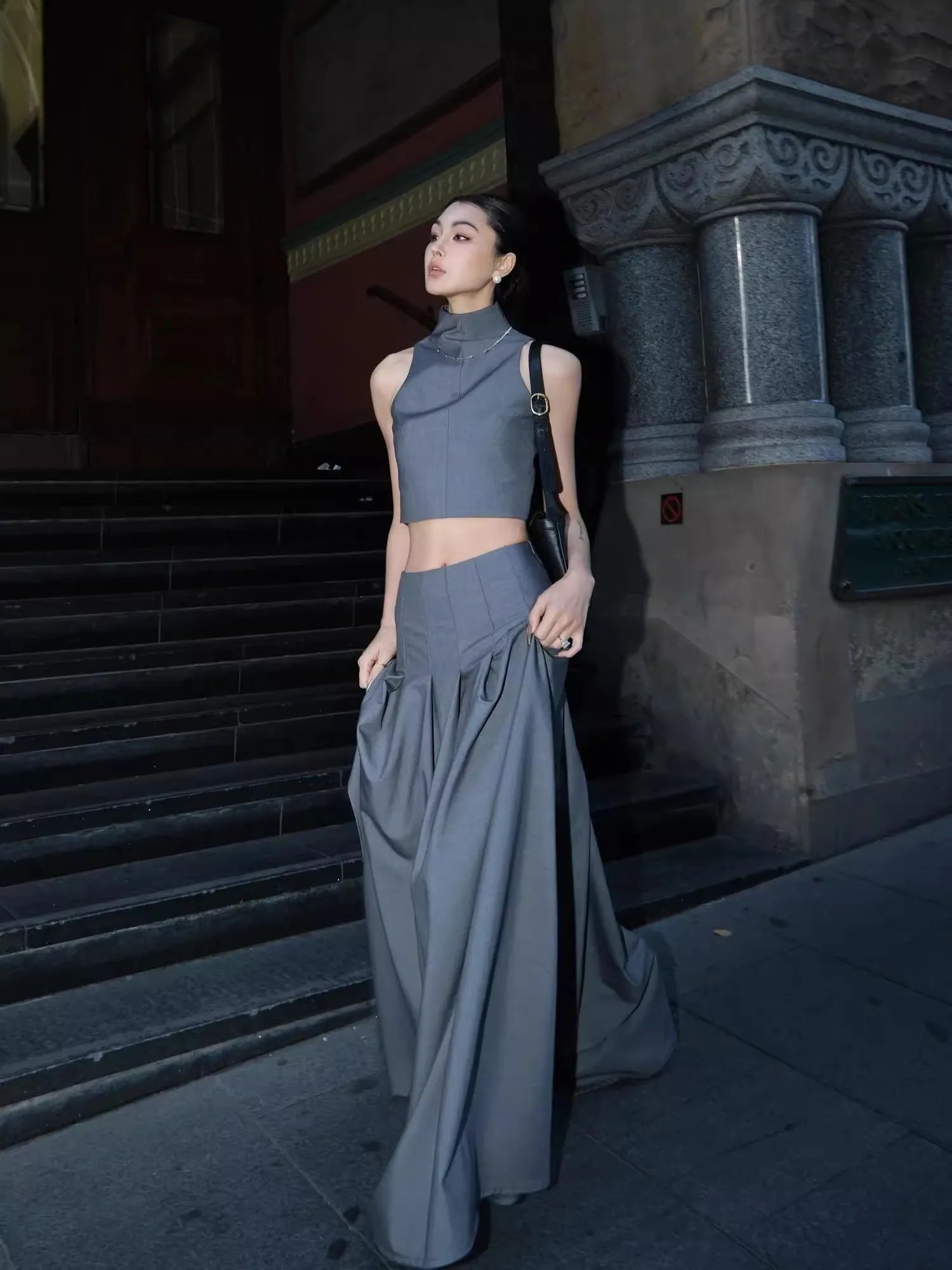 Grey Flowy Floor Length Pleated Skirt