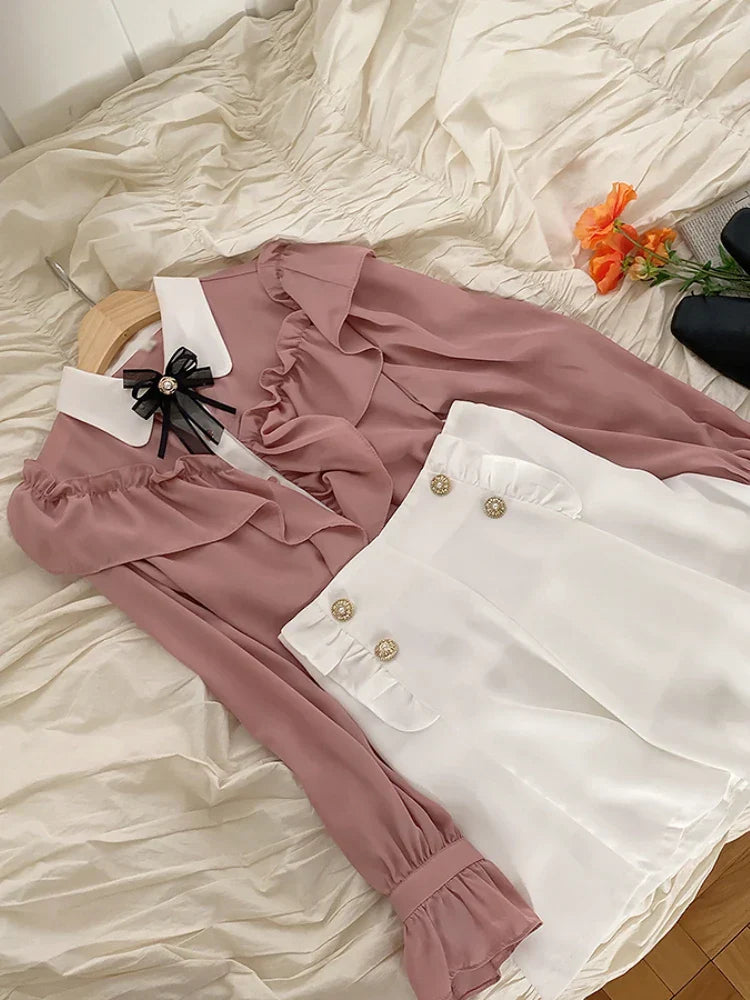 Sweet Bow Ruffle Patchwork Blouse