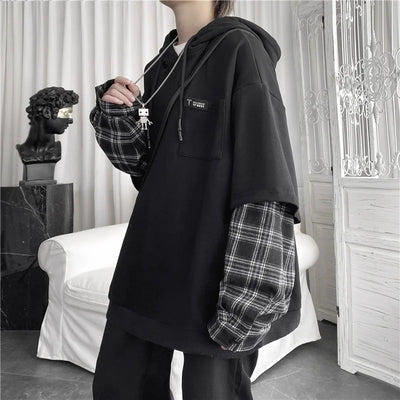 Y2K Layered Plaid Sleeve Hoodie