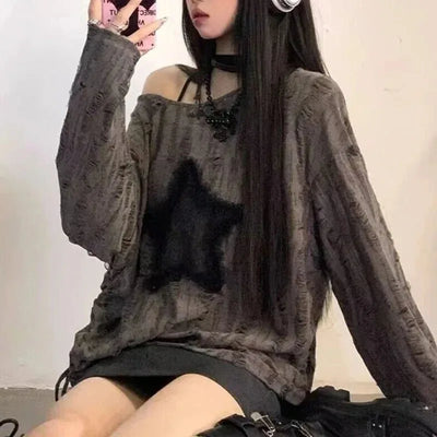 Y2K Grunge Star Off-Shoulder Sweater