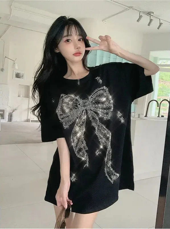 Diamond Bow Shiny Round Neck T-Shirt