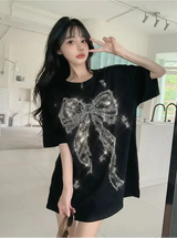 Diamond Bow Shiny Round Neck T-Shirt