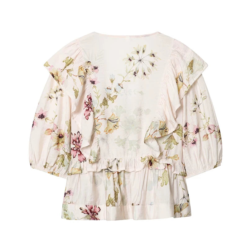 Floral Print Ruffle Wrap Vintage Blouse