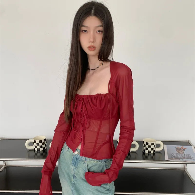 Red Wine Sqaure Neck Mesh Long Sleeve Top