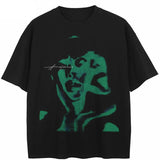 Black t-shirt with green graphic design on a white background