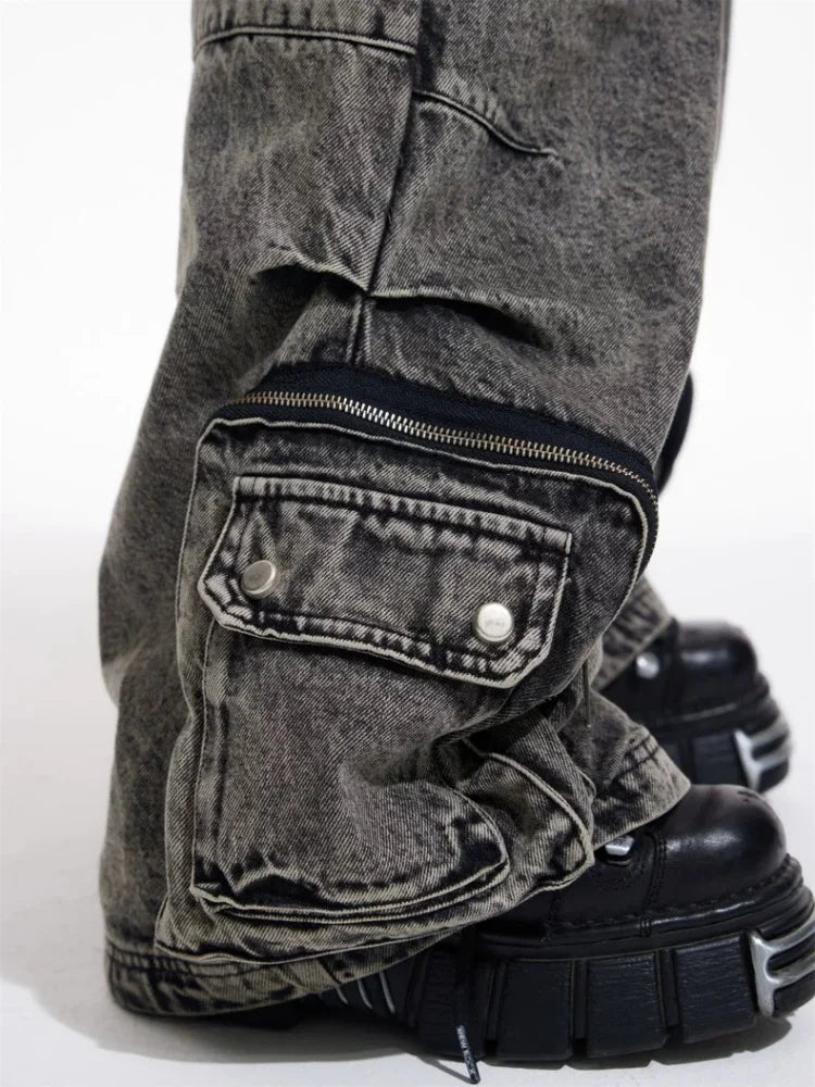 Vintage Grey Pleated Washed Cargo Jeans
