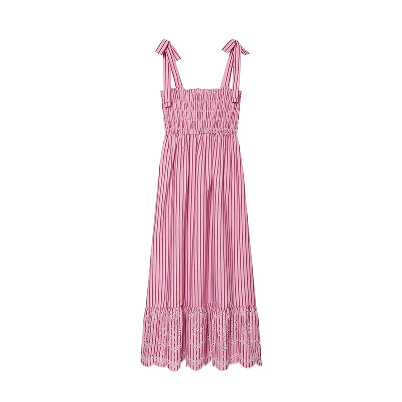 Pink Striped Midi Dress Tie Shoulder Straps