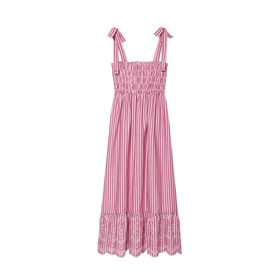 Pink Striped Midi Dress Tie Shoulder Straps