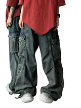 High Waist Straight Blue Cargo Jeans